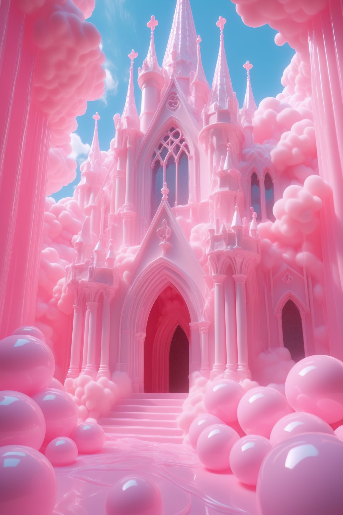 create a gothic architecture made of milk, splashed, drips, subsurface scattering, detailed milk material, puffy cotton candy clouds, aesthetic light and shadow 3d, translucent plastic bubblegum, fluorescent, translucent, 100mm,Movie Still,detailmaster2,Film Still,make_3d,aesthetic portrait