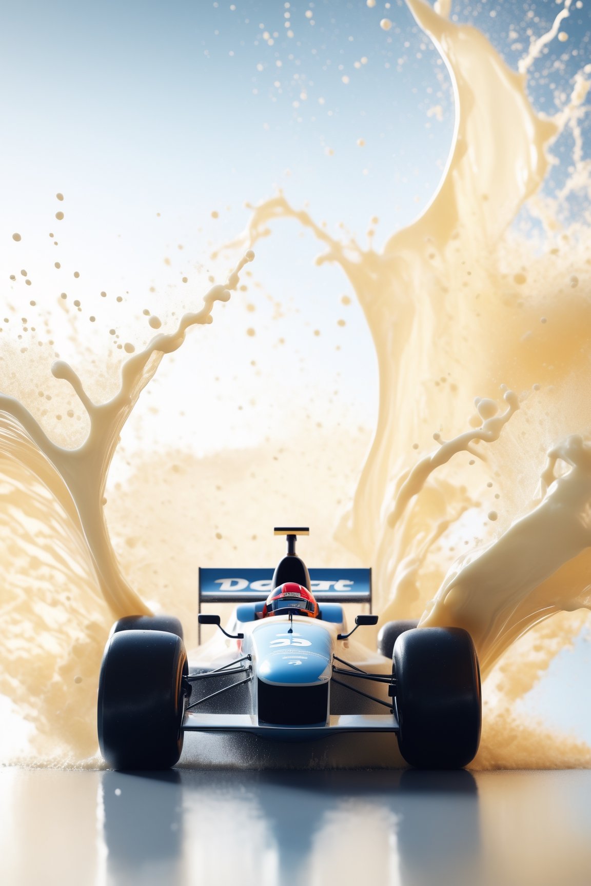 create a classic formula 1 race car made of milk, splashed, drips, subsurface scattering, translucent, 100mm,Movie Still,detailmaster2,Film Still,make_3d,aesthetic portrait