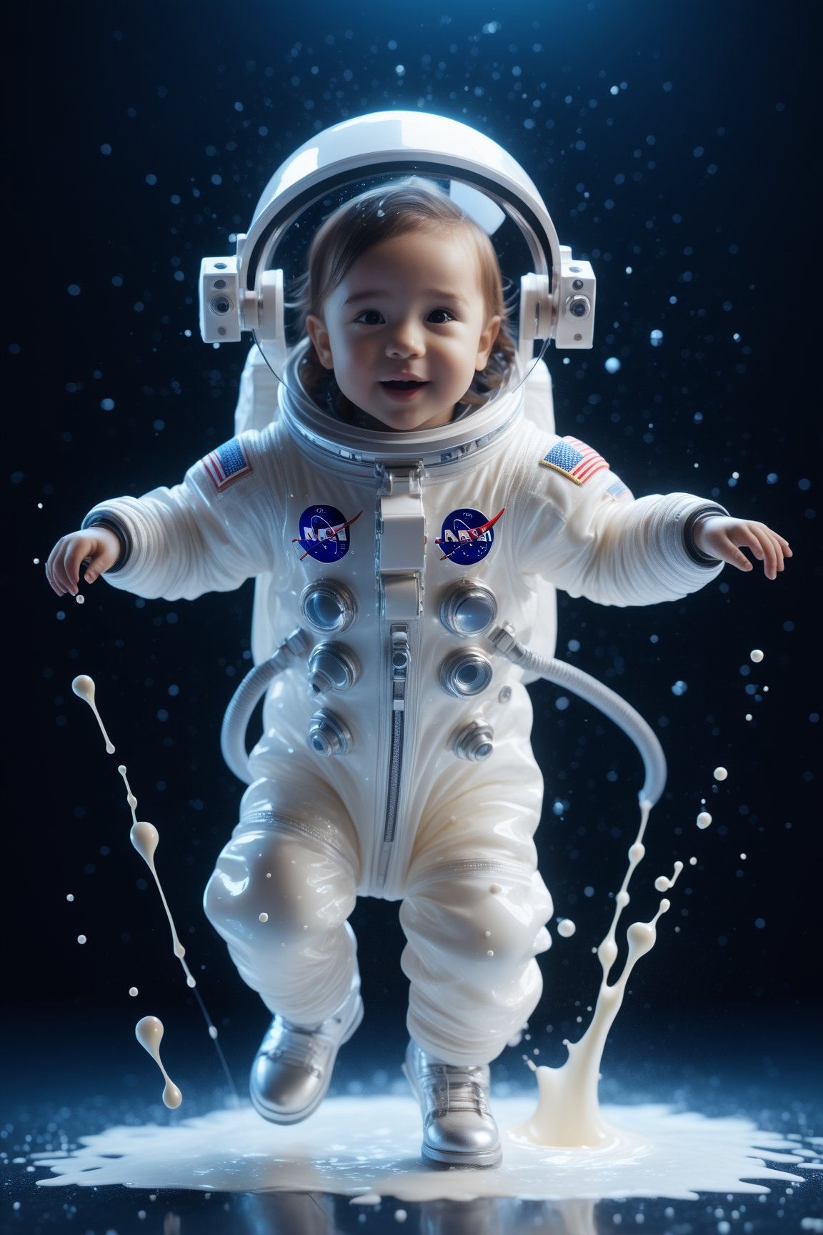 create a cute little kid astronaut dancing with dress made of milk, splashed, drips, subsurface scattering, translucent, 100mm,Movie Still,detailmaster2,Film Still,make_3d,aesthetic portrait