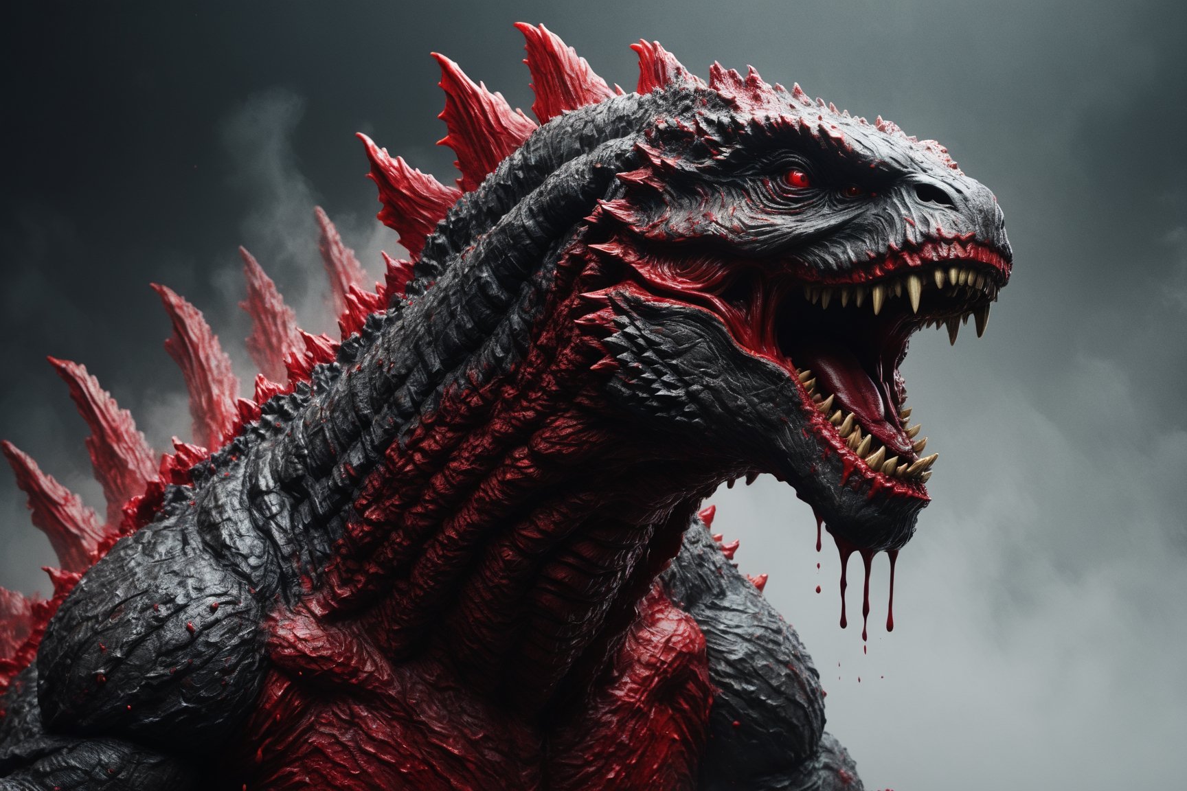 create a majestic zombie Godzilla made of red ink, splashed, drips, subsurface scattering, translucent, 100mm,Movie Still,detailmaster2,Film Still, dark cinematic, fog