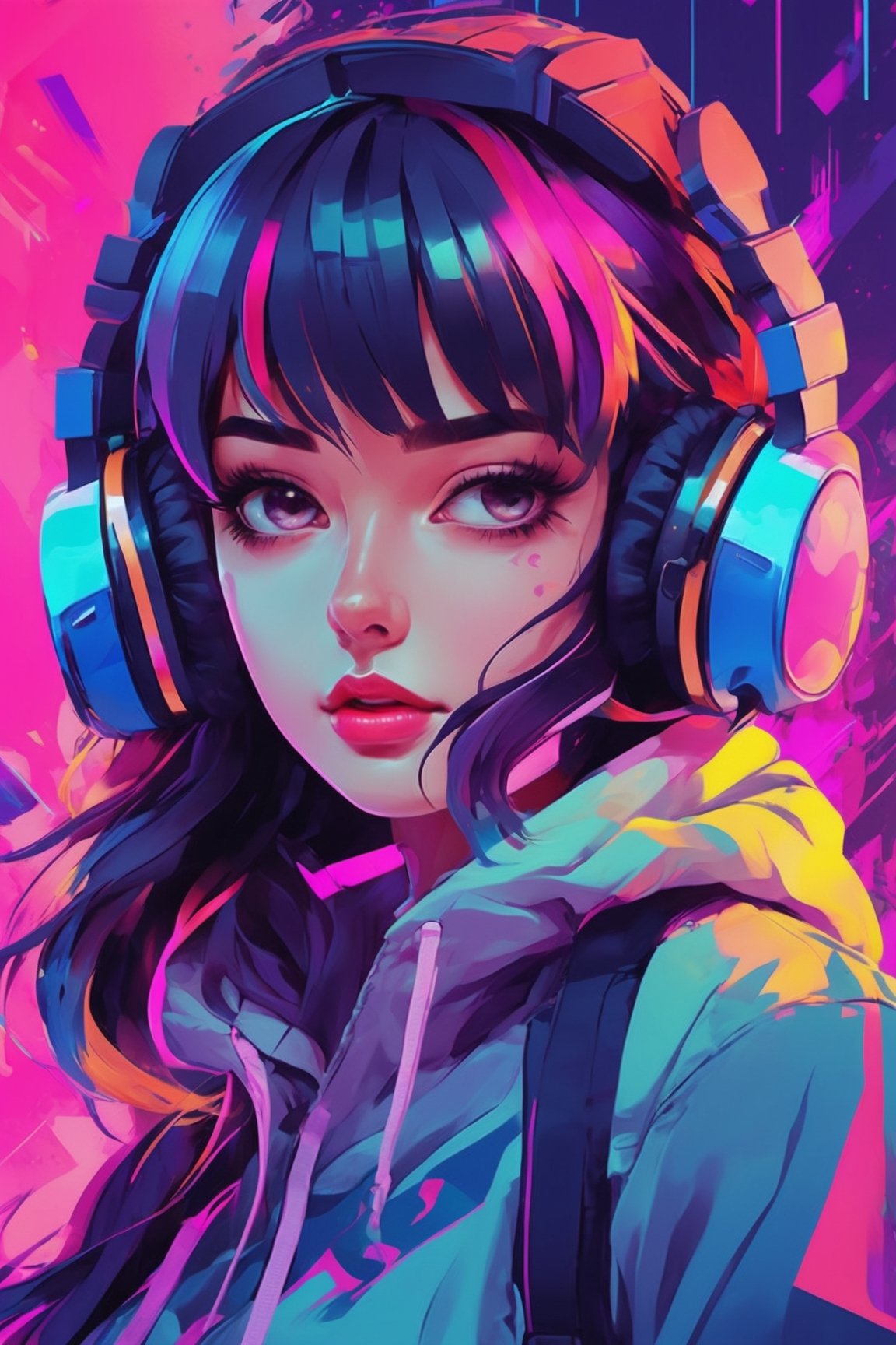 Glitchcore Art Style, of a gamer girl, dynamic, dramatic, distorted, vibrant colors, glitchcore art style