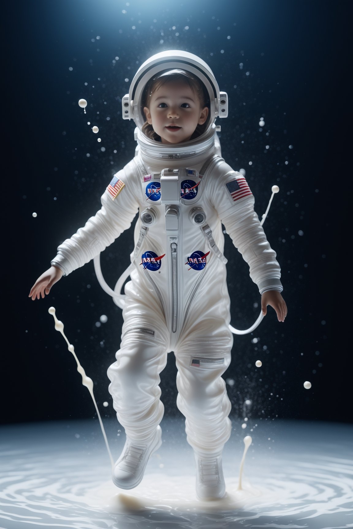 create a kid astronaut dancing with dress made of milk, splashed, drips, subsurface scattering, translucent, 100mm,Movie Still,detailmaster2,Film Still,make_3d,aesthetic portrait