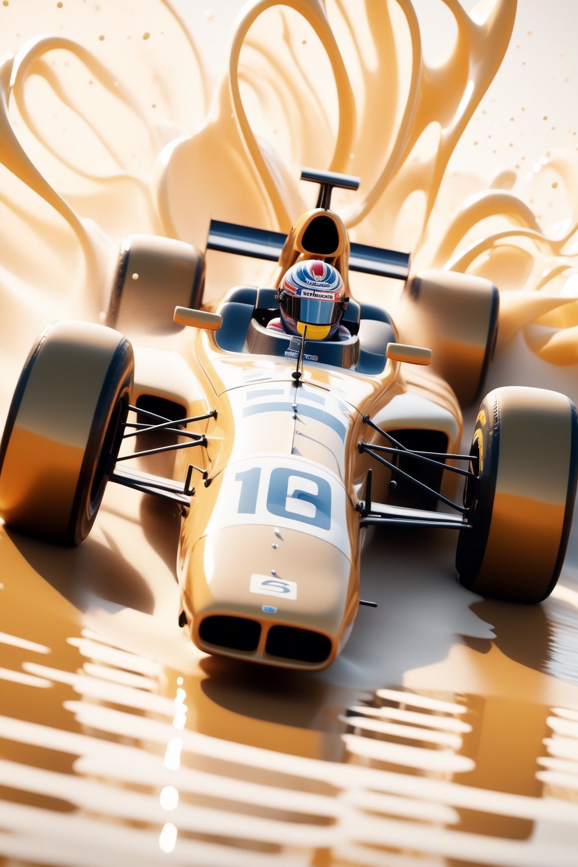 create a retro classic formula 1 race car made of milk, splashed, drips, subsurface scattering, translucent, 100mm,Movie Still,detailmaster2,Film Still,make_3d,aesthetic portrait