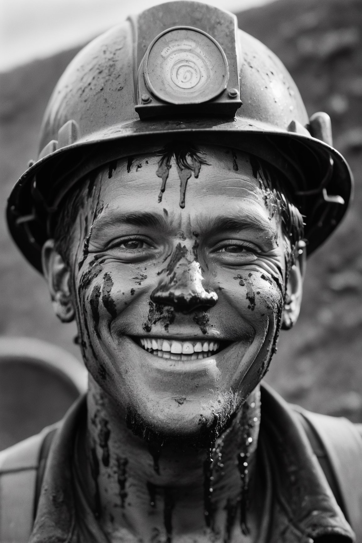 closeup portrait of a coal miner with dirt in his face, smile, black and white photography, drips, subsurface scattering, translucent, 100mm,Movie Still,detailmaster2,Film Still
