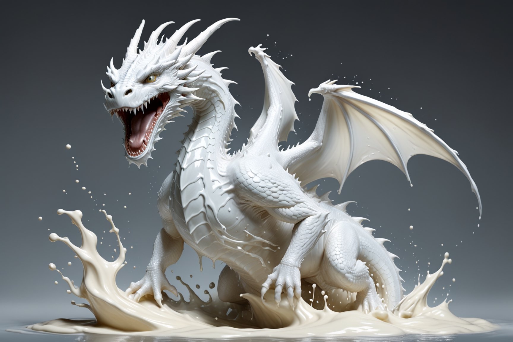 create a majestic white dragon jumping made of milk, splashed, drips, subsurface scattering, translucent, 100mm,Movie Still,detailmaster2,Film Still
