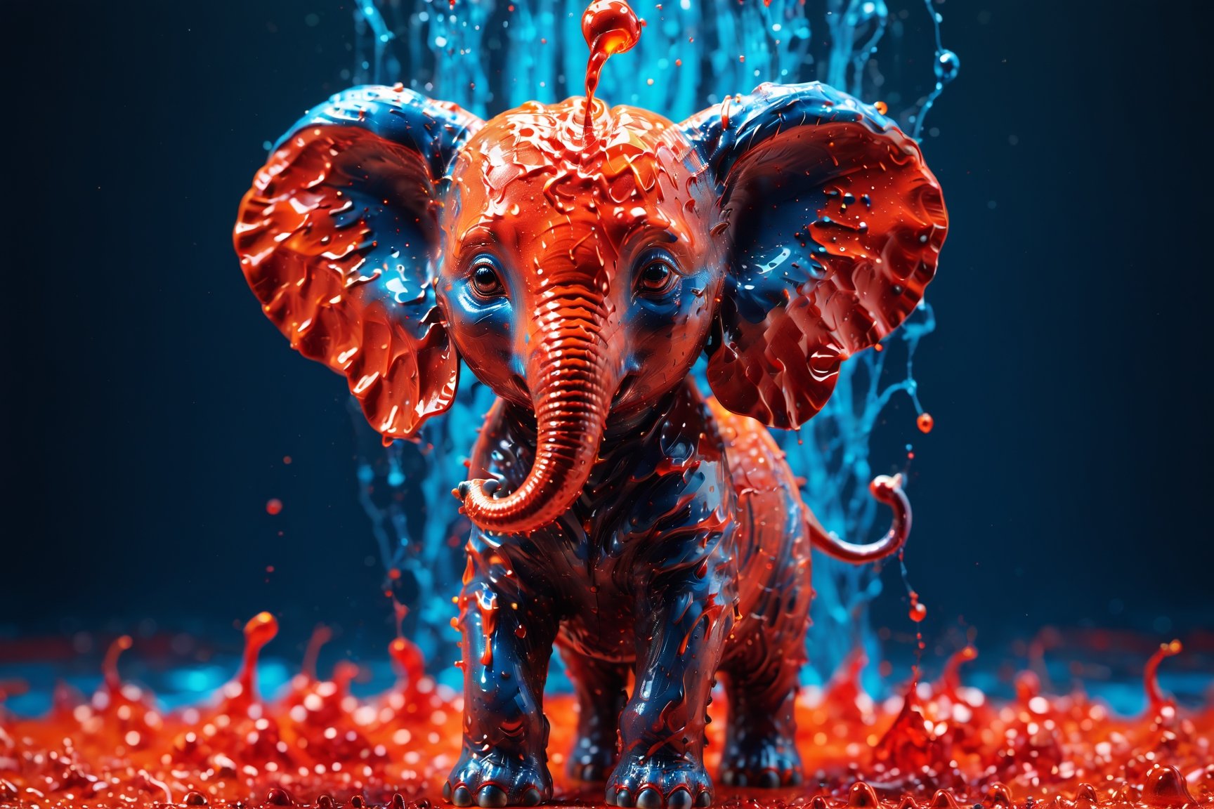 create a cute baby elephant made of red ink, splashed, drips, subsurface scattering, translucent, 100mm,Movie Still,detailmaster2,Film Still