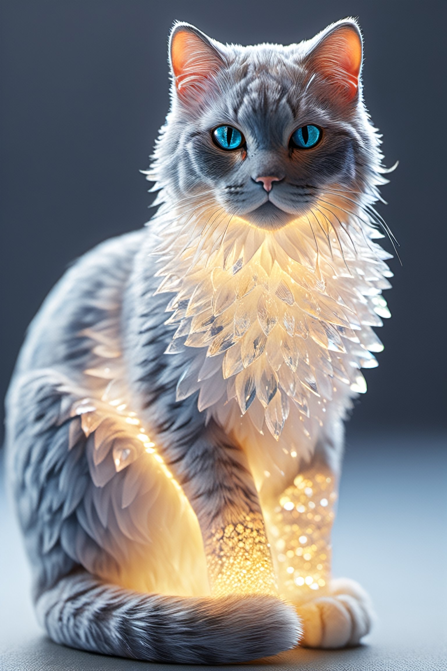 a cat made of crystal gem, bioluminescent, photoreal, ultra detail, bokeh, 100mm