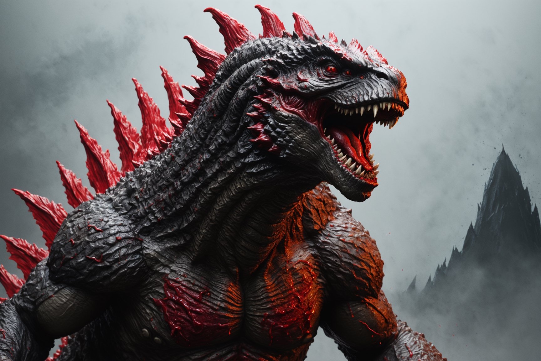 create a majestic zombie Godzilla made of red ink, splashed, drips, subsurface scattering, translucent, 100mm,Movie Still,detailmaster2,Film Still, dark cinematic, fog