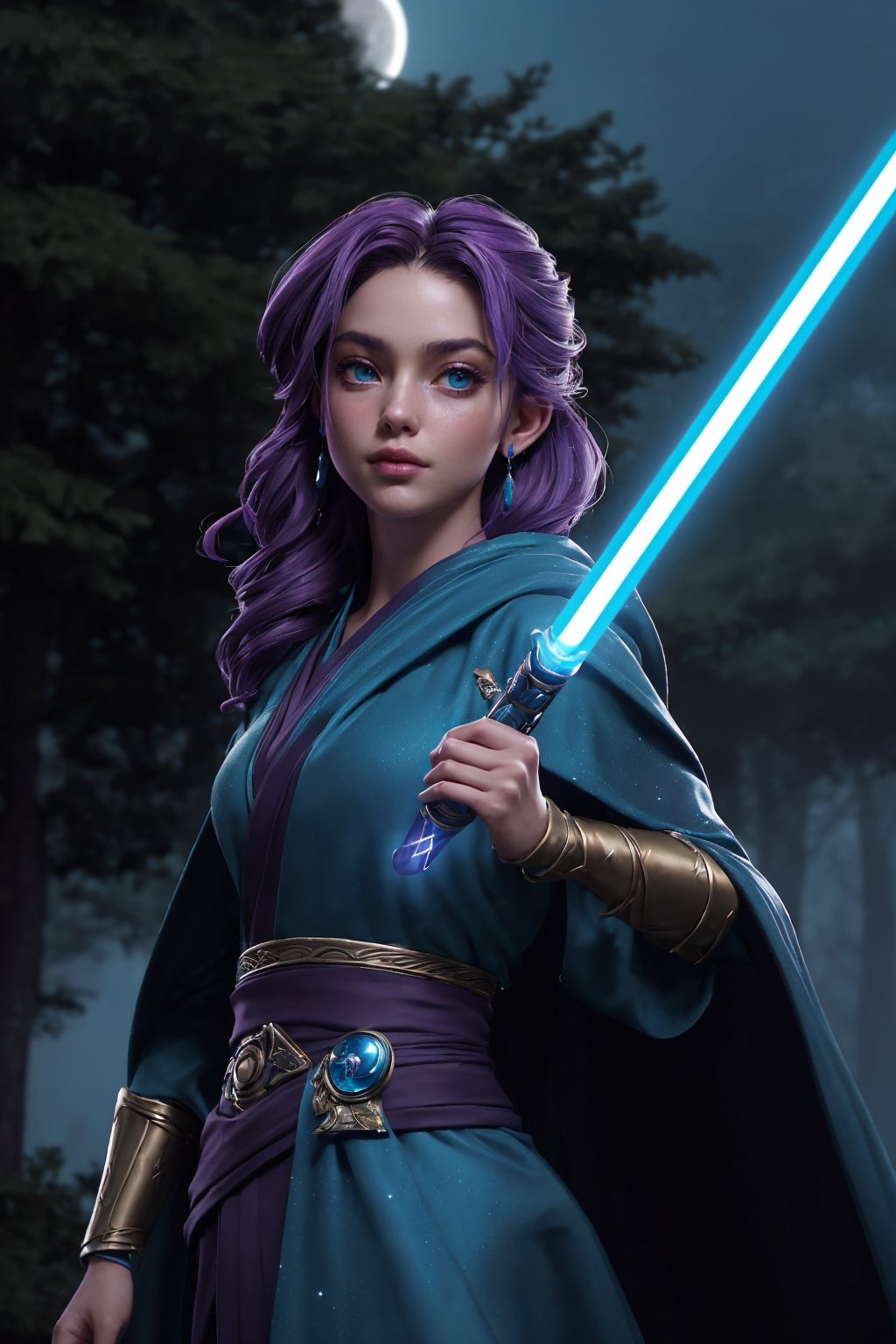 1girl, Highly detailed RAW color Photo, ((outdoor)), Full Body, ((Amidst the sprawling landscape of an ancient, mist-covered forest on a distant planet, a young and beautiful Jedi apprentice stands alone, bathed in the soft, ethereal glow of a crescent moon. The mist gently swirls around her, adding an air of mystique and enchantment to the scene.

Her attire, adorned with the traditional Jedi robes, is complemented by a sash of deep azure, indicating her growing prowess in the Force. Her lightsaber, a brilliant cerulean hue, is held firmly in her hand, its blade casting a shimmering reflection on her serene face.

As she stands in a graceful and poised manner, her eyes, sparkling like distant stars, reflect both determination and a deep sense of purpose. The shadows dance playfully around her, mirroring her extraordinary connection to the Force. The calmness of her demeanor contrasts sharply with the untamed beauty of the wilderness that surrounds her.

The camera pans slowly, capturing the awe-inspiring cinematic shot of the young Jedi apprentice, making it evident that she is destined for greatness. The hauntingly enchanting soundtrack heightens the emotions of the scene, further emphasizing the significance of her journey as she embarks on the path of a true Jedi.

The radiant light from the crescent moon embraces her, amplifying her presence as a symbol of hope in a galaxy plagued by darkness. In this fleeting moment, it becomes evident that she possesses the power to inspire and change the course of events in the ongoing battle between good and evil.

This cinematic shot encapsulates the essence of a young and beautiful Jedi, an embodiment of courage, wisdom, and determination, ready to face the challenges that lie ahead. The misty forest and the celestial illumination paint a picture of both the mystery and promise of her destiny. The viewer is left captivated, longing to witness the unfolding of her heroic journey as she seeks to bring balance and justice to the galaxy.)) age 18, short_curly_hair, dark_hair, green-eyes, ((sexy_lips)), intricate_detail, realistic, dark_tone, cinematic_still, color_graded, on an aliean_planets, far_away_mountains, spaceship, cinematic lighting, shallow depth of field, photographed on a Sony a9 II, ((35mm f1.8_wide angle lens)), sharp focus, cinematic film still, particle effects, raytracing, detailed_skin, sharp_eyes, beautifull, looking_at_camera, lensflare, anamorphic_lens, glare, glow, ((wide_shot))