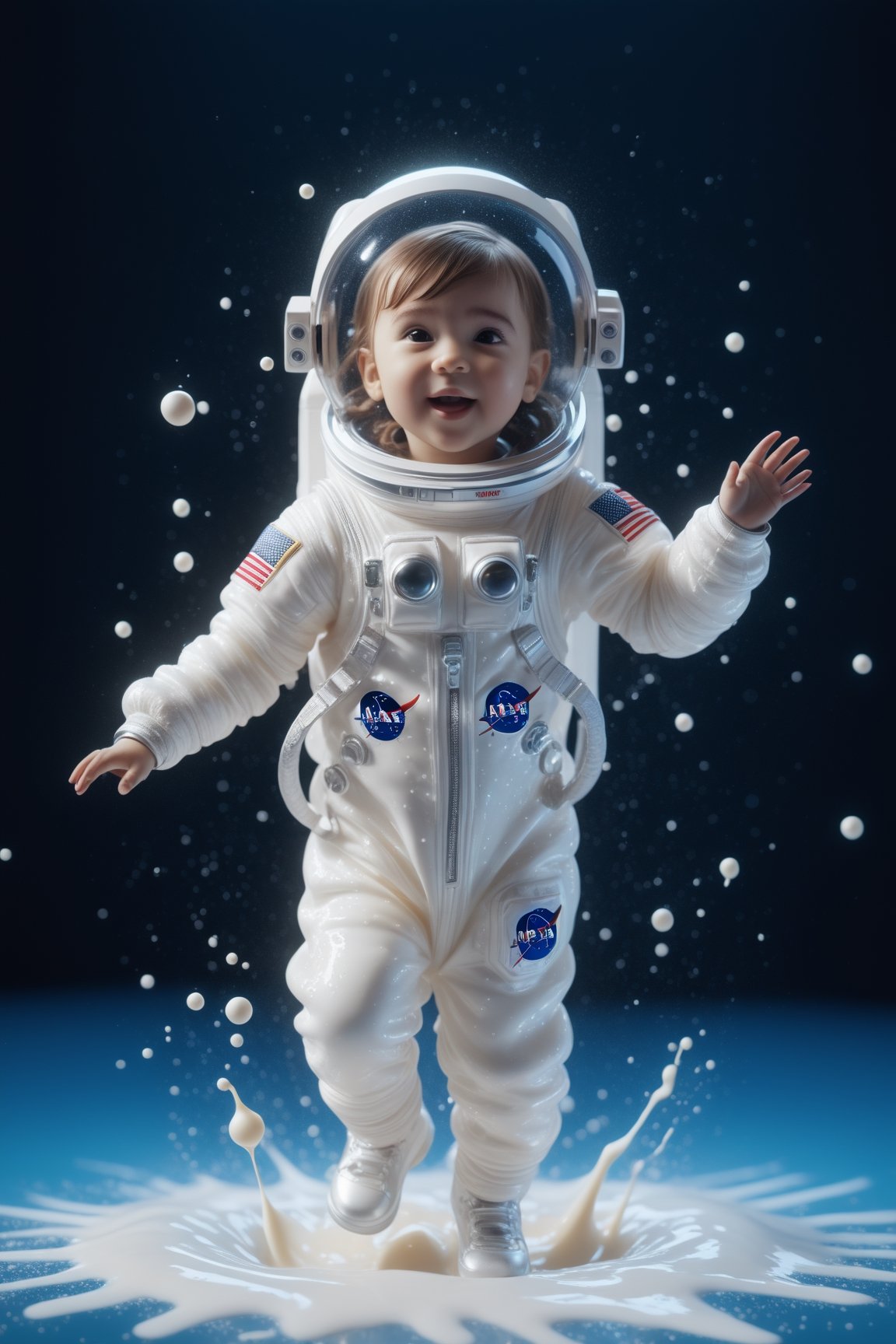 create a cute little kid astronaut dancing with dress made of milk, splashed, drips, subsurface scattering, translucent, 100mm,Movie Still,detailmaster2,Film Still,make_3d,aesthetic portrait