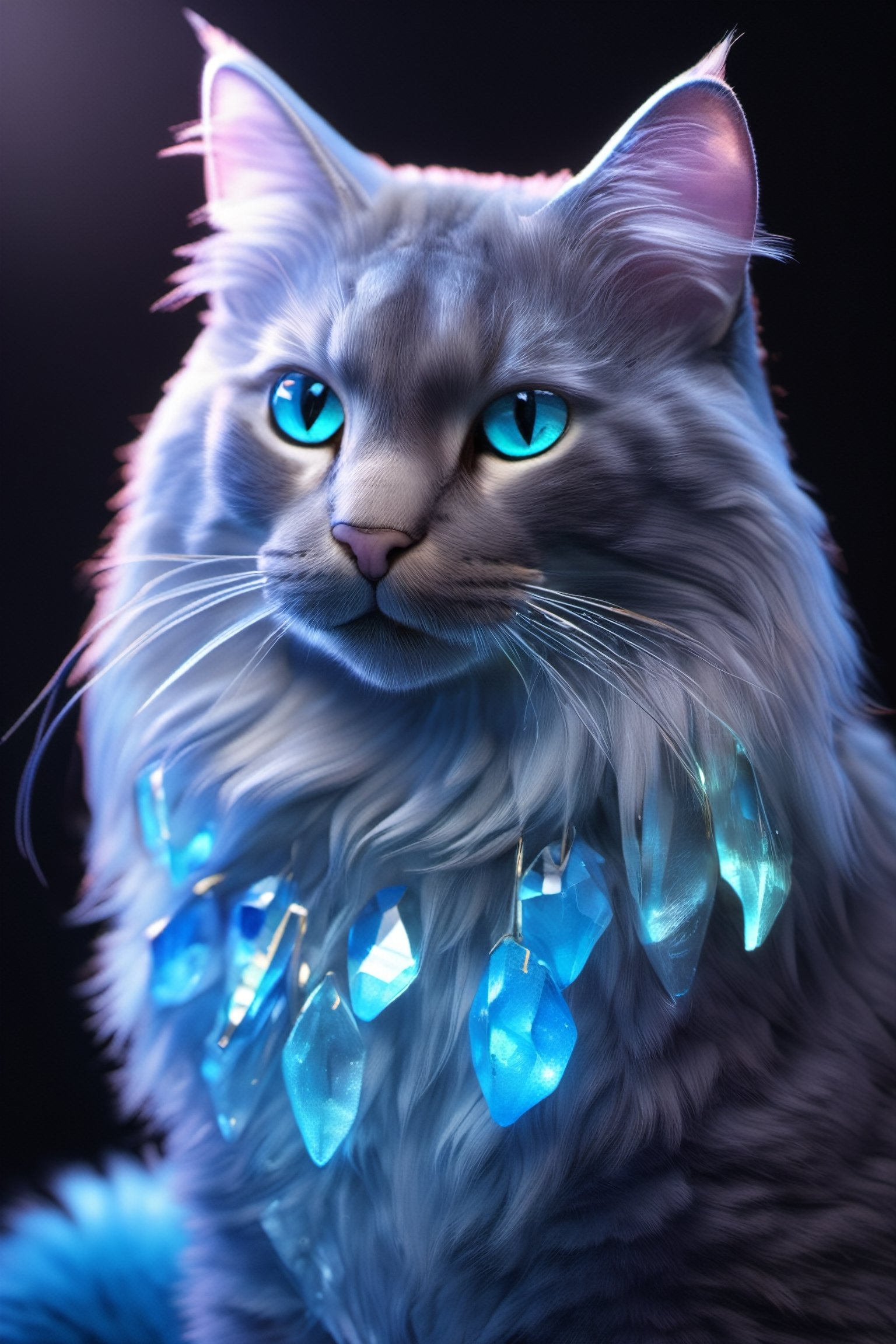 a majestic cat made of crystal gem, bioluminescent, photoreal, ultra detail, bokeh, 100mm, real fur