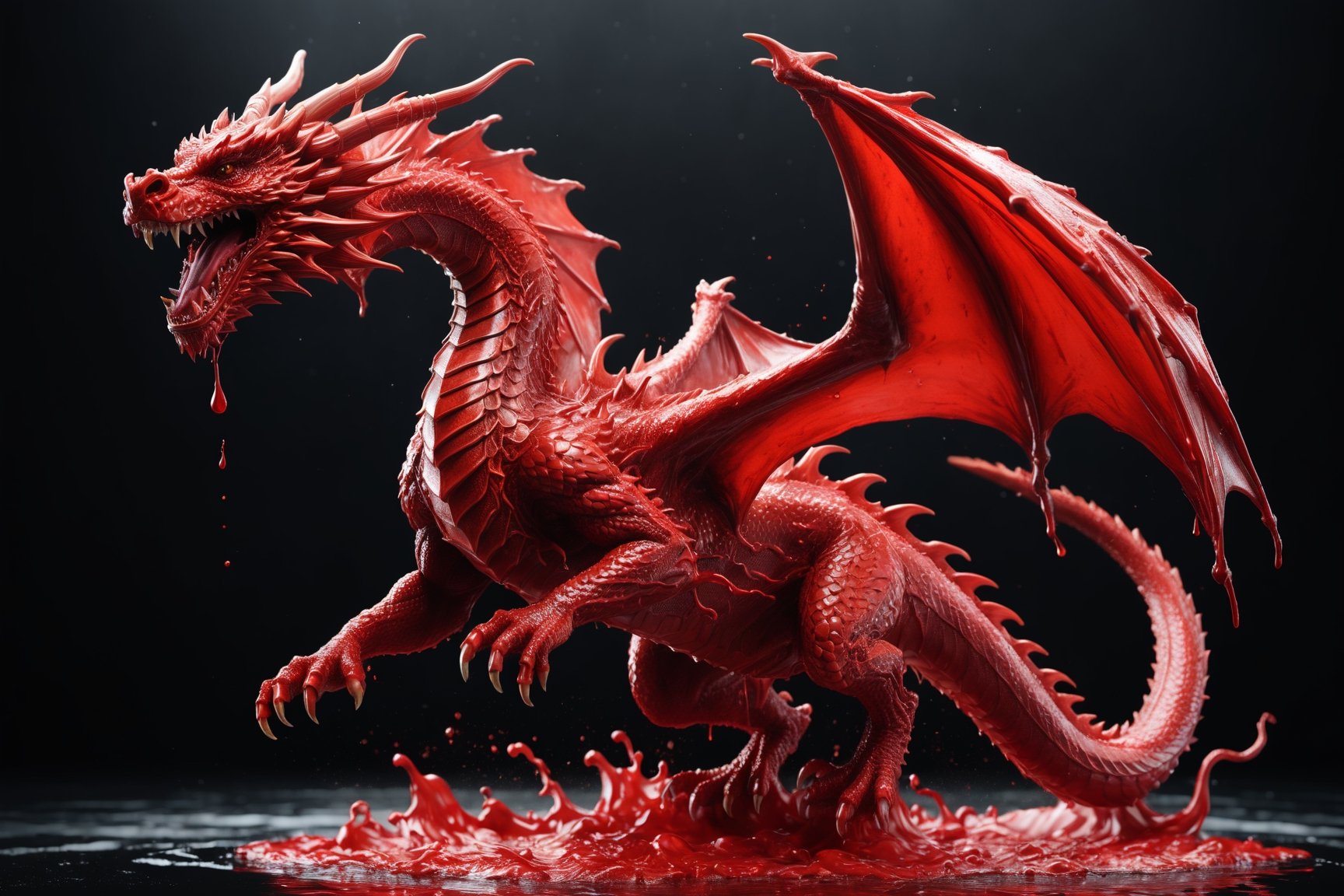 create a majestic red dragon jumping made of red ink, splashed, drips, subsurface scattering, translucent, 100mm,Movie Still,detailmaster2,Film Still