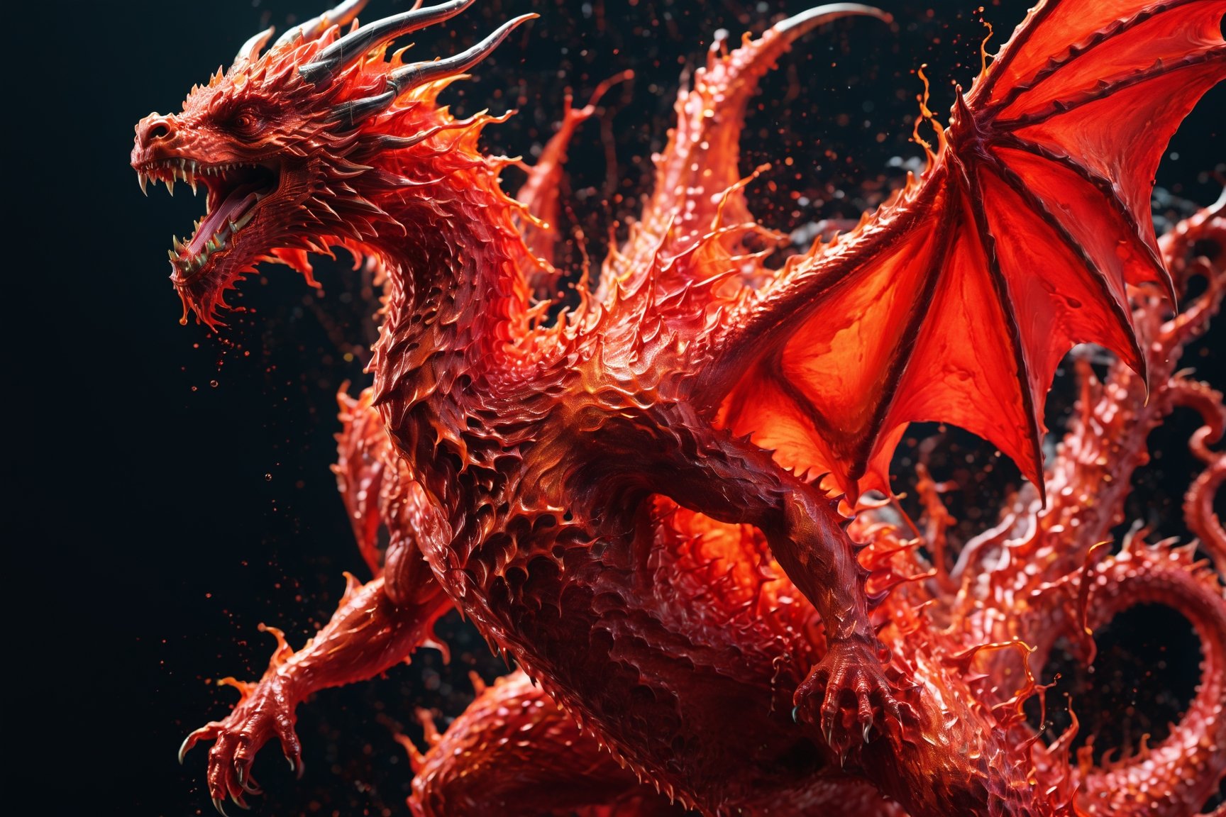 create a majestic red dragon jumping made of red ink, splashed, drips, subsurface scattering, translucent, 100mm,Movie Still,detailmaster2,Film Still