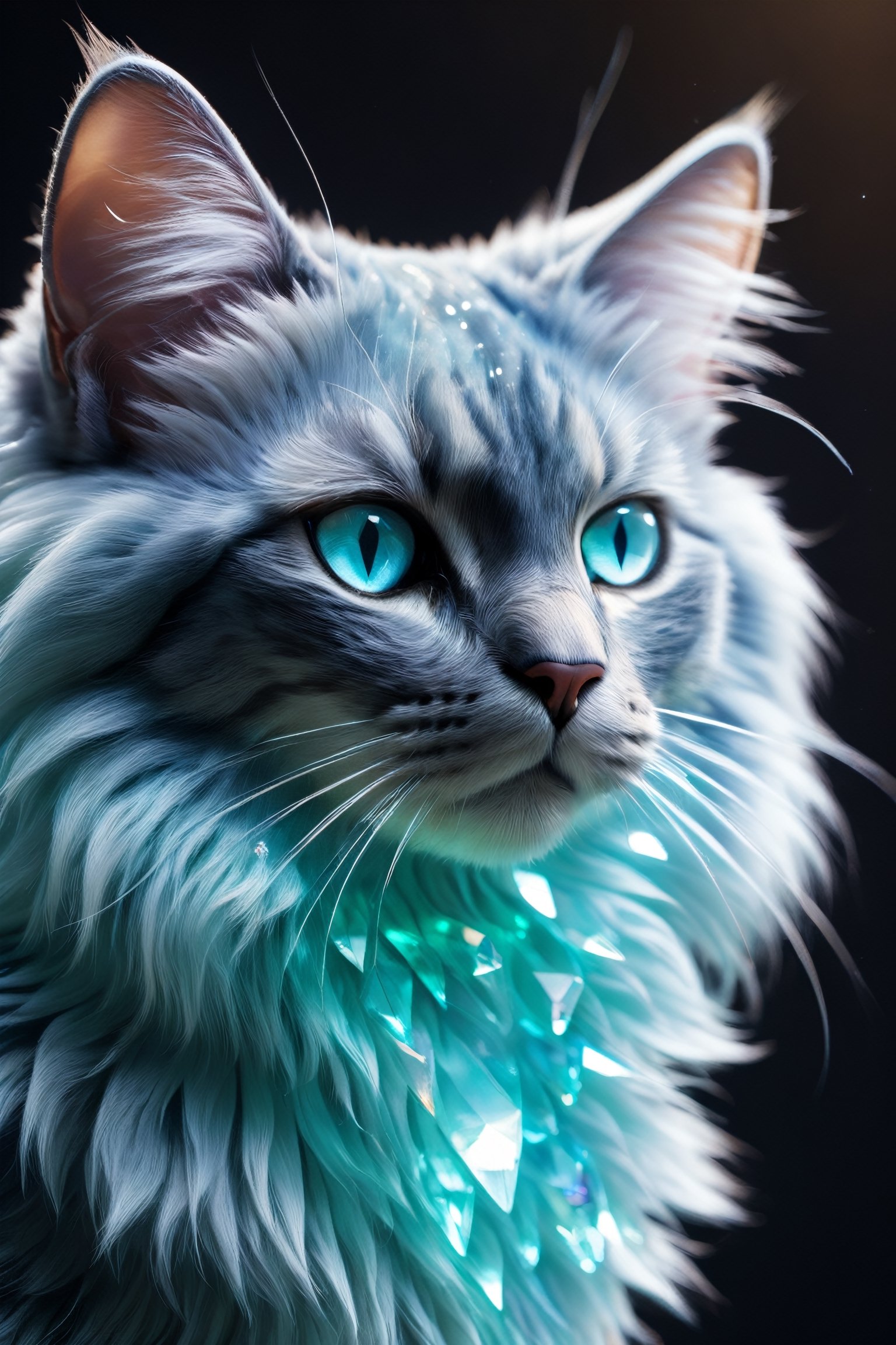 a majestic cat made of crystal gem, bioluminescent, photoreal, ultra detail, bokeh, 100mm, real fur