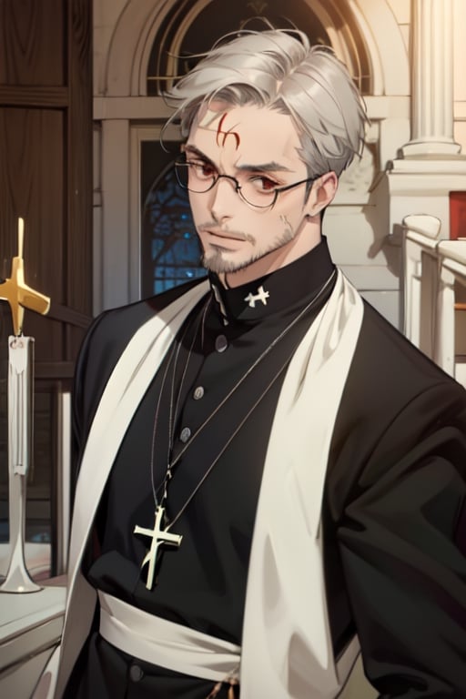 Boobs_Paladin, Masterpiece, best quality, best hires, 4k,detailed, black outline, intense shadow, sharp focus, upper body, centered, full picture, boy, solo, 40 years old, {short hair, light gray hair, red eyes} , black Catholic priest, outfit, black Round glasses with orange glass , anime, Sneer, Light beard, goatee on the chin, Wrinkles, cross-shaped scar on the forehead, full body shot, seductive look, sexy ,tareme-eyes