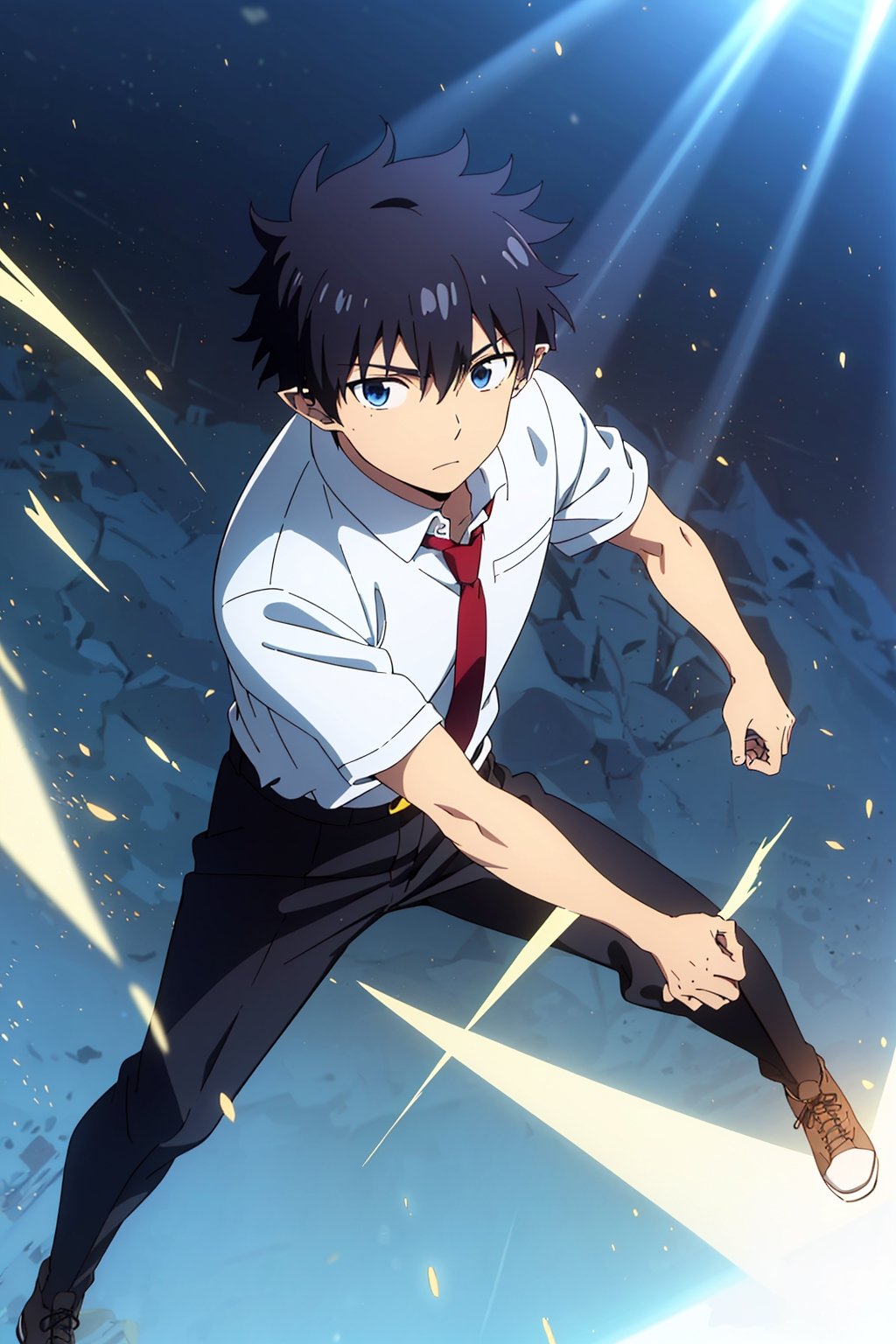 masterpiece, best quality, , 1boy, solo, male focus, looking at viewer, , , , rin_okumura, black hair, blue eyes, pointy ears, school_uniform, White shirt, short sleeves, red tie, black trousers, black military combat boots, light particles, light rays, wallpaper, high contrast, colorful, anime,Blueking
