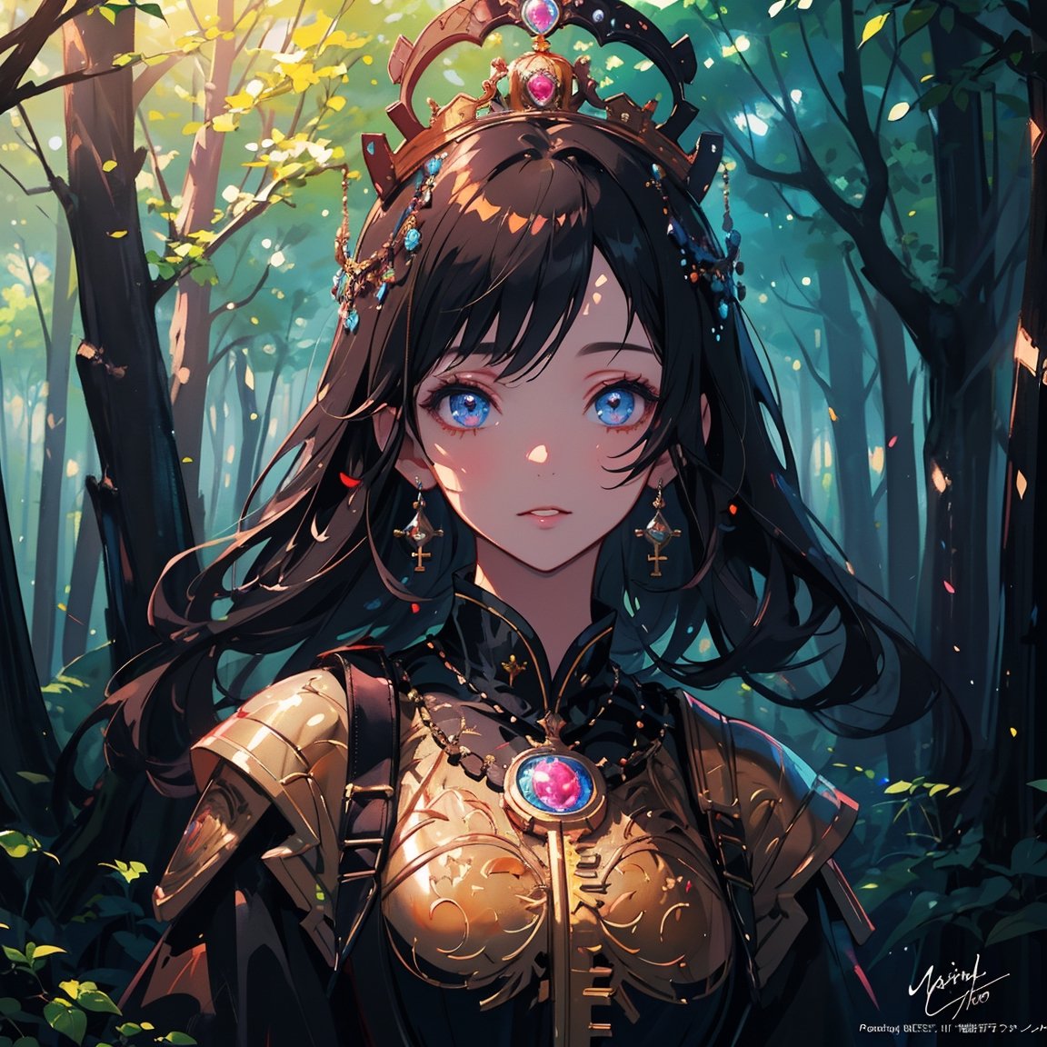 masterpiece, key visual, best quality, sharp image, professional artwork, intricate, highly detailed, 1girl, looking to side, jeweled crown, close-up, cinematic lighting, fantasy art, digital painting, ethereal glow, vibrant colors, forest, best quality, masterpiececopia ,fantasy00d