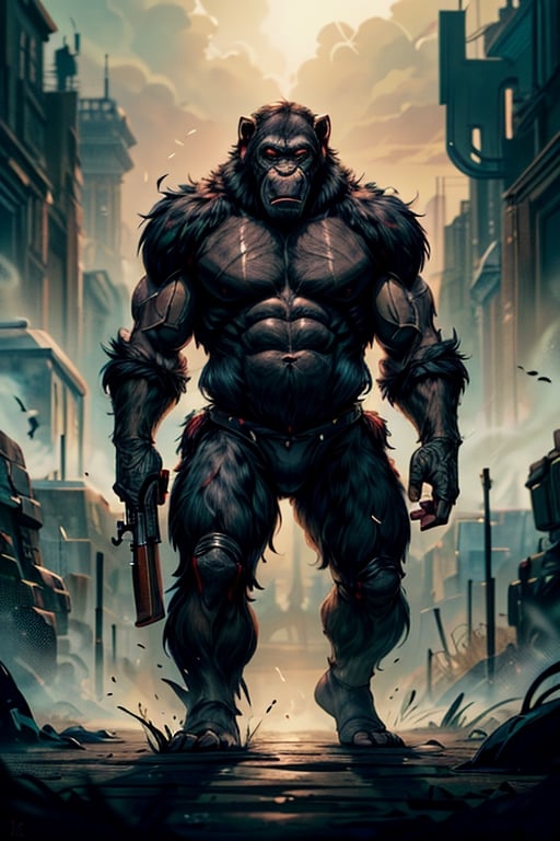 (8k uhd, masterpiece, best quality, high quality, absurdres, ultra-detailed, detailed background, centralized, full-body portrait), ape, stylize, (((solo_ape))), (Caesar/*Planet of the Apes_Movie_2018),. (((Feral, savage, strong, menacing, black fur, holding a rifle))). Giants forest scenery, dynamic lighting, intricate details, 
 cinematic.,