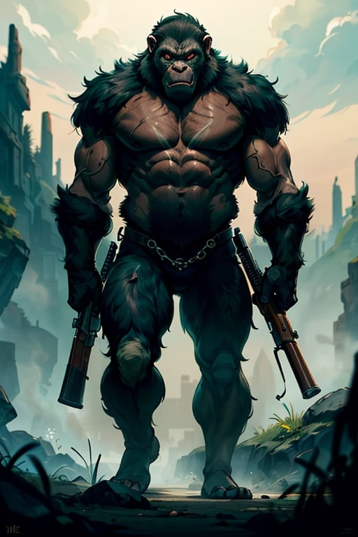 (8k uhd, masterpiece, best quality, high quality, absurdres, ultra-detailed, detailed background, centralized, full-body portrait), ape, stylize, (((solo_ape))), (Caesar/*Planet of the Apes_Movie_2018),. (((Feral, savage, strong, menacing, black fur, green irid, holding a rifle))). Giants forest scenery, dynamic lighting, intricate details,
 cinematic.,