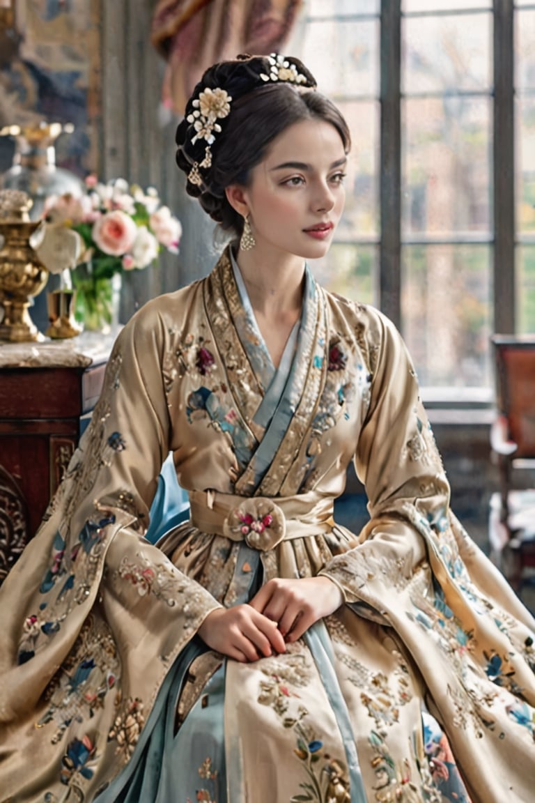French noblewoman,(French),adorned in opulent attire blending Chinese and medieval European styles,Envision her wearing a luxurious silk robe, traditional Chinese patterns, layered over a lavish gown featuring rich fabrics and elaborate draping characteristic of medieval European fashion,elegantly styled hair, adorned with ornate hairpins and delicate silk ribbons,Hanbok