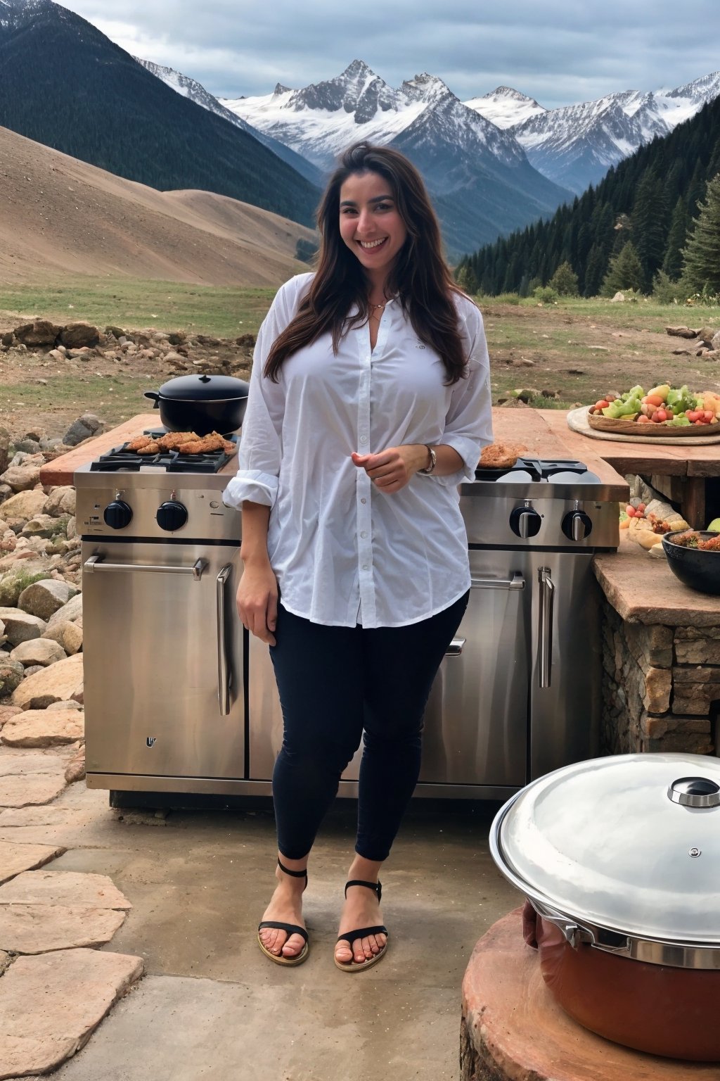 full body head to toe(fulll_body:1.5), fairytale, 20 year old, huge tits, extremely cute Iranian woman, preparing lunch in an traditional outdoor kitchen, mountains at the background 