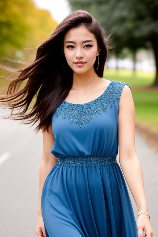 picture of a beautiful woman, model face, full body, sparkling eyes, looking at camera, hair blowing in the wind wearing a detailed blue dress, detailed, realistic, sony A7V, 35mm lens
,Portrait