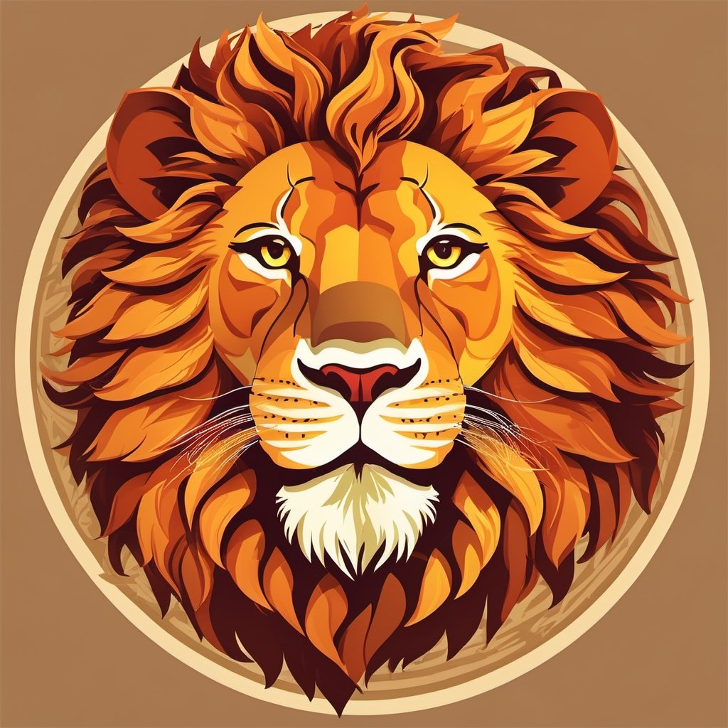 tshirt design of a very very cute 2d fluffy male lion head inside a circle background, cute cartoon style, colorful, very clear, very creative, beautiful, 