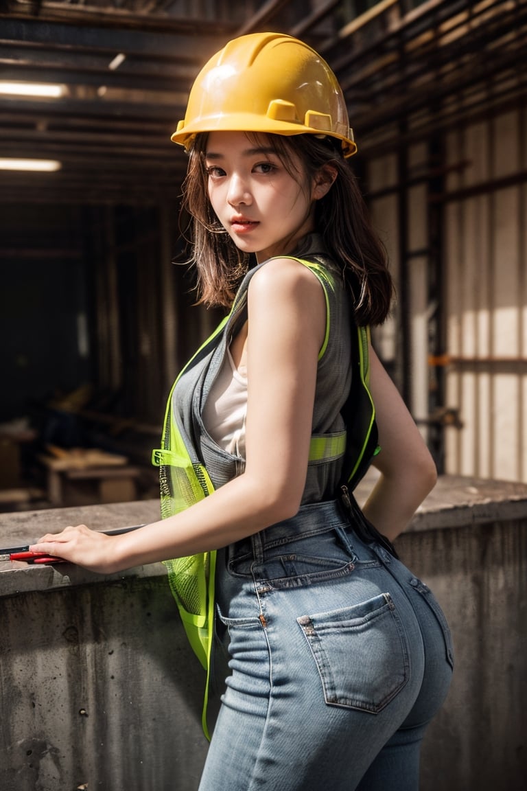 ((Young taiwanese Female wearing safety vest without clothes and biting a thick curved steel bar in construction site)), ((safety helmet and vest )),(((biting a thick curved bended steel bar, and the bar is broken ))),Exquisite details and textures, cinematic shot, Warm tone, wide shot , 