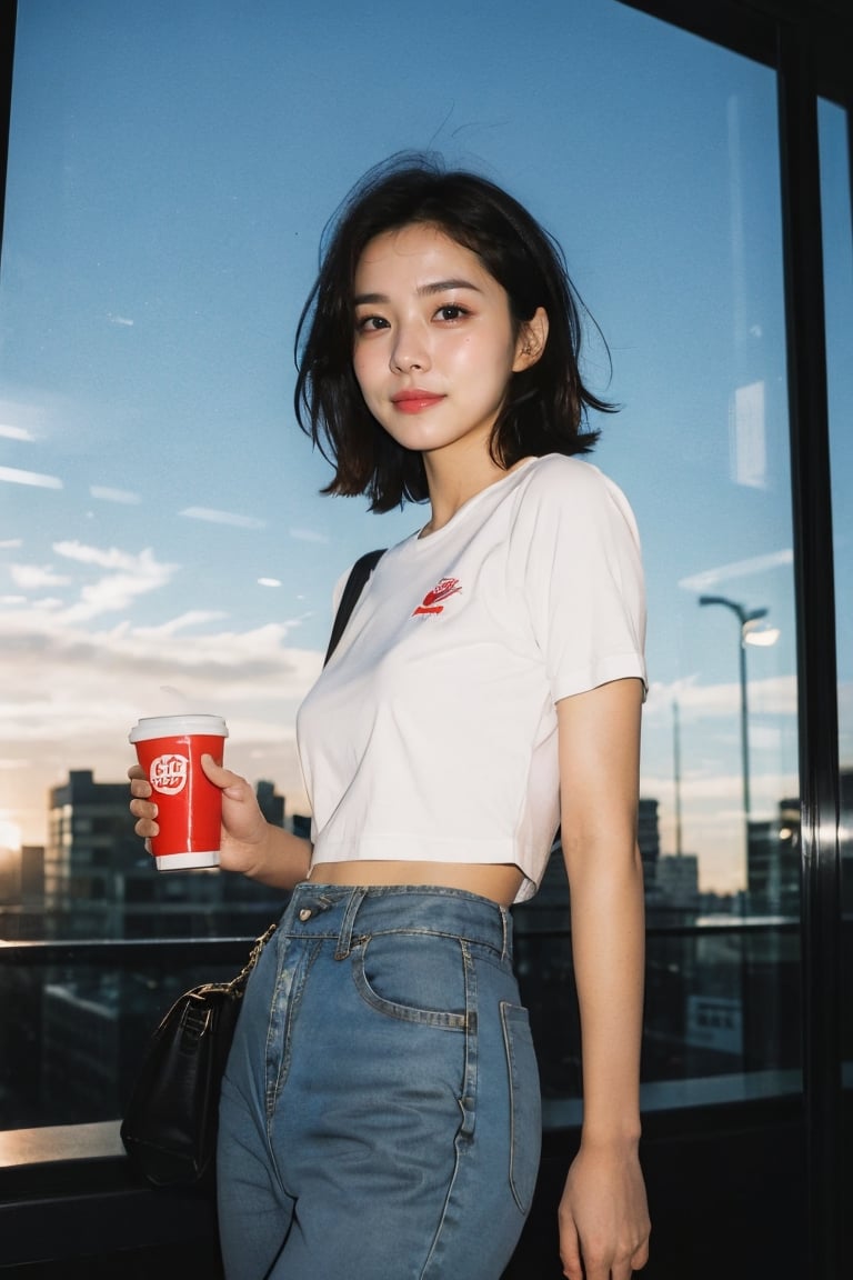 (masterpiece, RAW photo), portrait photo of a trendy beautiful girl standing next to a high rise window, short wavy hair, lace, intricate, , 50mm, f/1. 4, high detail, sharp focus, cowboy shot, rim light, sunset, 8K UHD ,  
holding,holding cup,jeans,brown hair,disposable cup,long hair,realistic,bag,standing,brown eyes,looking at viewer,black hair,camisole,blue pants,nike techwear streetwear look and clothes