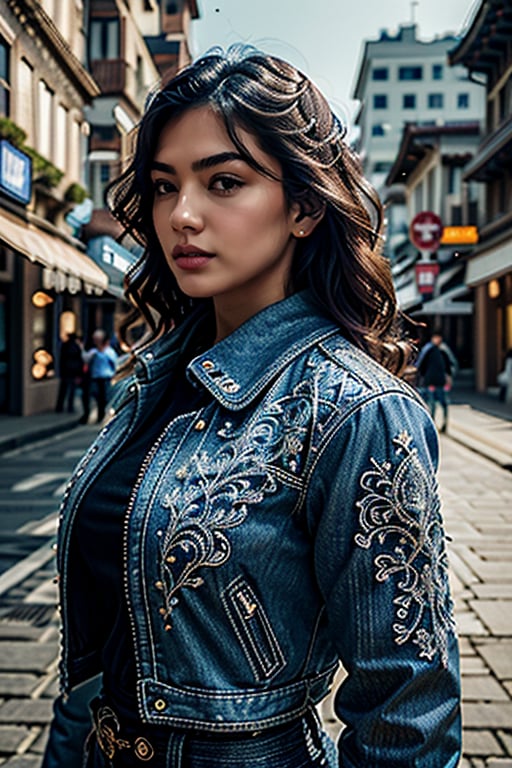 (masterpiece), (extremely intricate:1.3), (realistic), entered, award winning upper body digital art, (hyperelistic shadows), masterpiece, | korean, tight blue jean, open leather jacket, | city, sea, bokeh, blurred background, depth of field 