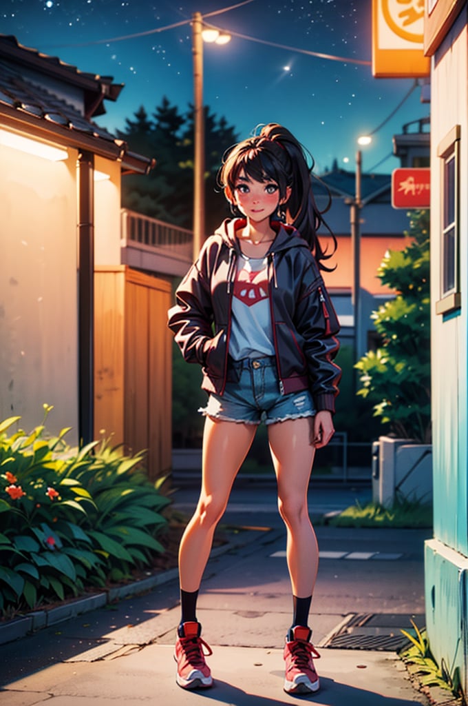 (RAW photo, best quality), (realistic),photo, masterpiece, 1girl,  ponytail, looking at viewer, hoodies, jacket, shorts, at night outdoor, harbor, street, full body, (light smile:0.7),blush, long shot,photorealistic,