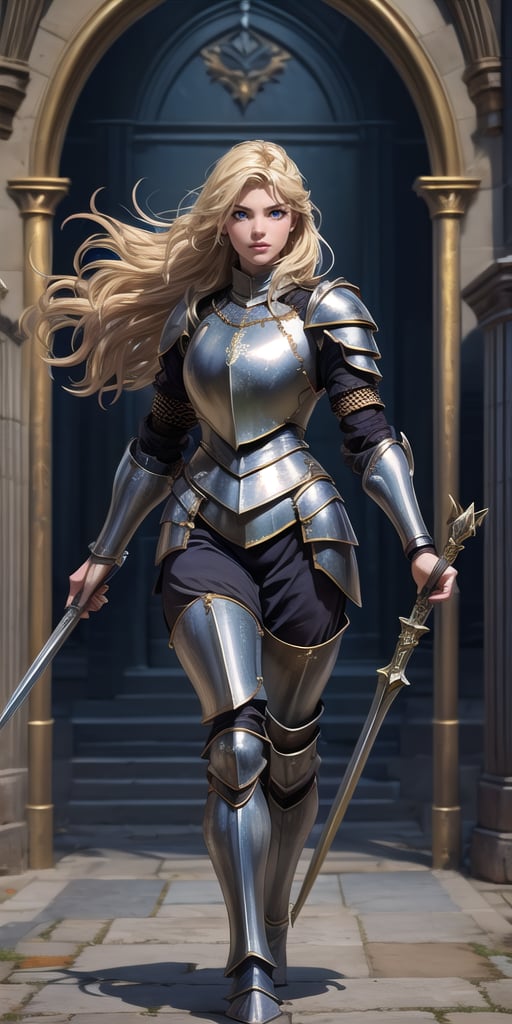 Masterpiece, beautiful details, perfect focus, uniform 8K woman 24 years old, french, paladin, ((((fully covered in form fitting steel platearmor)))), golden decorations, flowing silk armor, leather body suit under armor, blonde hair, ((scarred left eye)), She is holding a spear, (((dark medival fantasy artstyle))), full body, nodf_lora,Real,insertNameHere