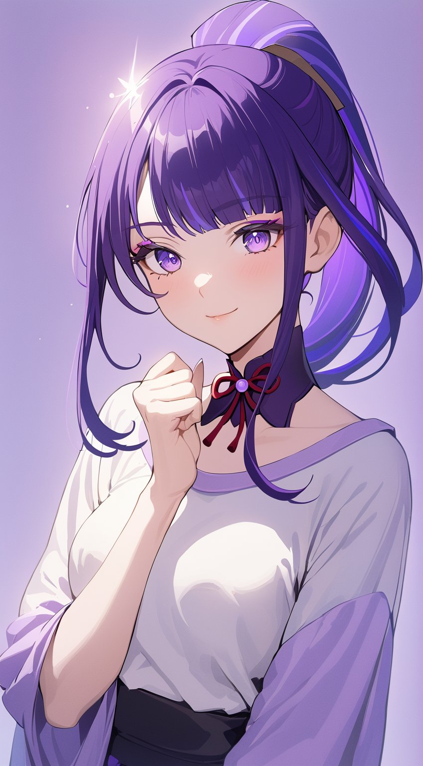 (Raiden Shogun from Genshin Impact dressed as popular girl). Tall. (masterpiece, upper body photo, sidelighting, 1girl), anime style, cute pose, simple background, hand on lips, hands clenched. eyelashes, eye_glow, blue eyes, purple hair. smile, casual outift. feminim.choker. ponytail. Perfect Hands.