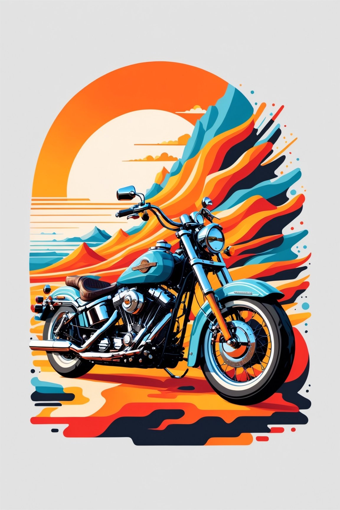 artwork of t-shirt graphic design, flat design of one retro ,retro harley davidson ,colorfull shades, highly detailed clean, vector image, photorealistic masterpiece, professional photography, simple sunrise backdrop , flat white background, isometric, vibrant vector((white background))