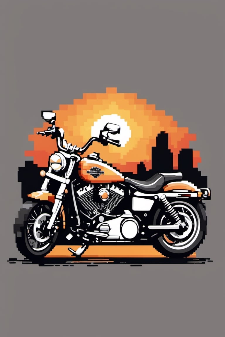 vector, harley davidson, simple sunset backdrop, half grayscale, pixel art style, flat white background, vibrant vector,tshirt design,pixel art