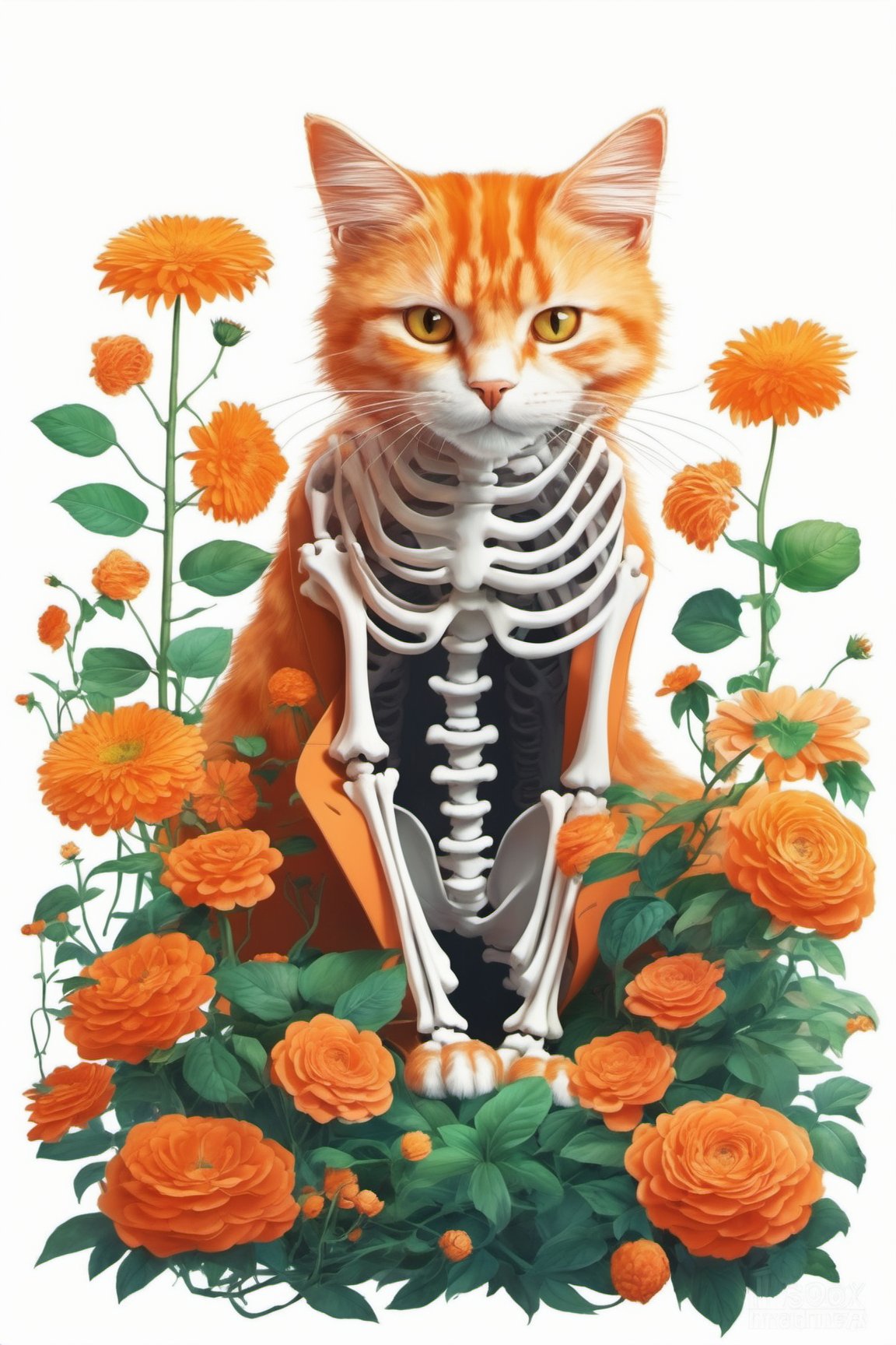 style by Michael Page, concept art fluffy orange cat skeleton in a blooming garden isolated by white background, fantastic plants . digital artwork, illustrative, painterly, matte painting, highly detailed, by IrinaKapi
