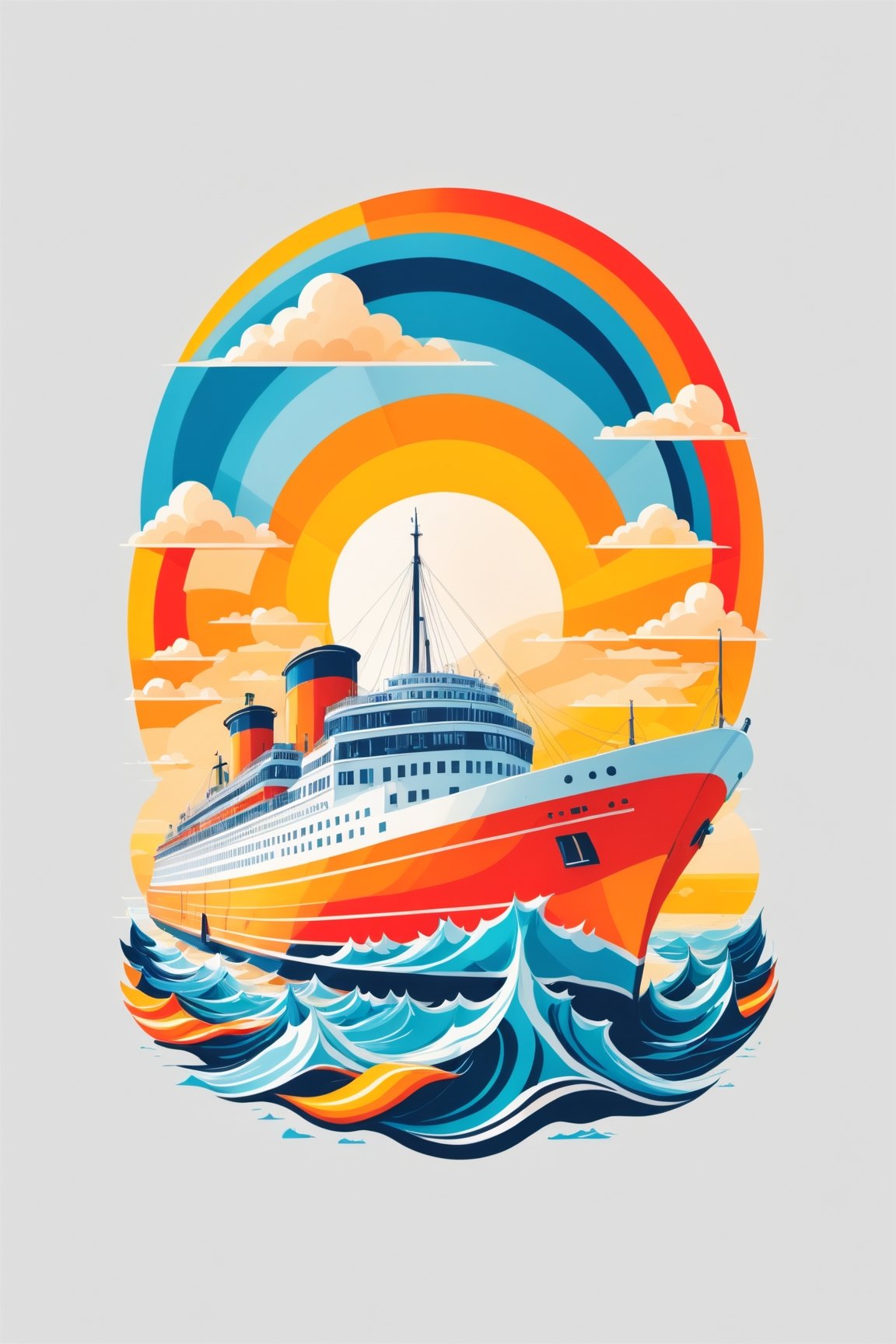 artwork of t-shirt graphic design, flat design of one retro ,retro ferry ship without sails ,colorfull shades, highly detailed clean, vector image, photorealistic masterpiece, professional photography, simple sunrise backdrop , flat white background, isometric, vibrant vector((white background))