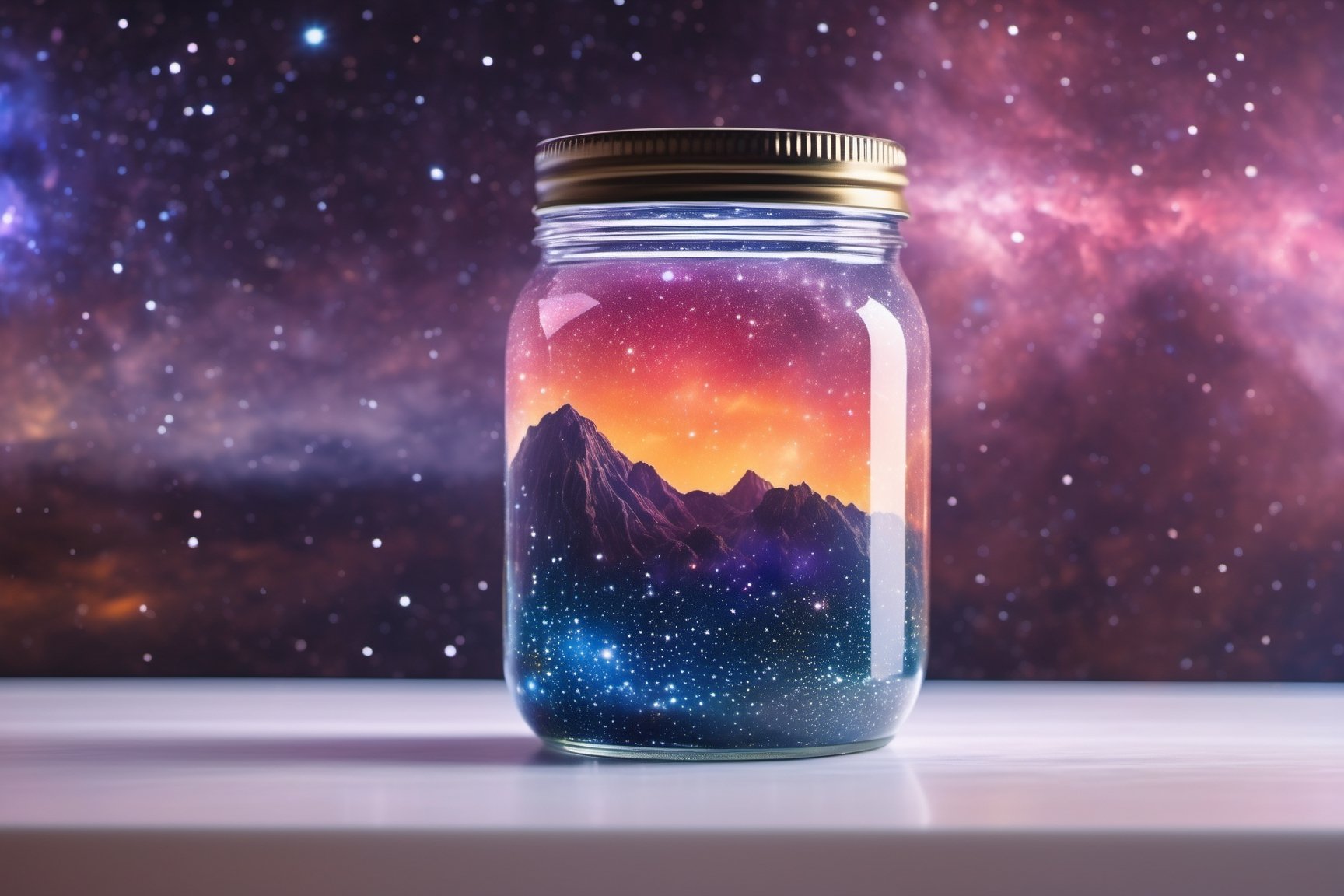 Highly detailed RAW color Photo, top Angle, a nebula in a mason jar, vivid detail, (nebula), (sci-fi), Mason Jar sitting on kitchen counter (highly detailed, hyperdetailed, intricate), particle effects, raytracing, cinematic lighting, shallow depth of field, photographed on a Sony a9 II, 35mm wide angle lens, sharp focus, cinematic film still, dynamic angle