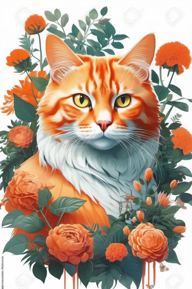 style by Michael Page, concept upper body regal fluffy orange cat, concept art lower body skeleton, in a blooming garden isolated by white background, fantastic plants . digital artwork, illustrative, painterly, matte painting, highly detailed, by IrinaKapi