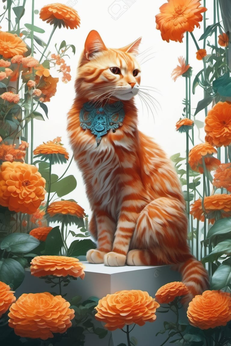 style by Michael Page, concept art fluffy orange cat skeleton in a blooming garden isolated by white background, fantastic plants . digital artwork, illustrative, painterly, matte painting, highly detailed, by IrinaKapi