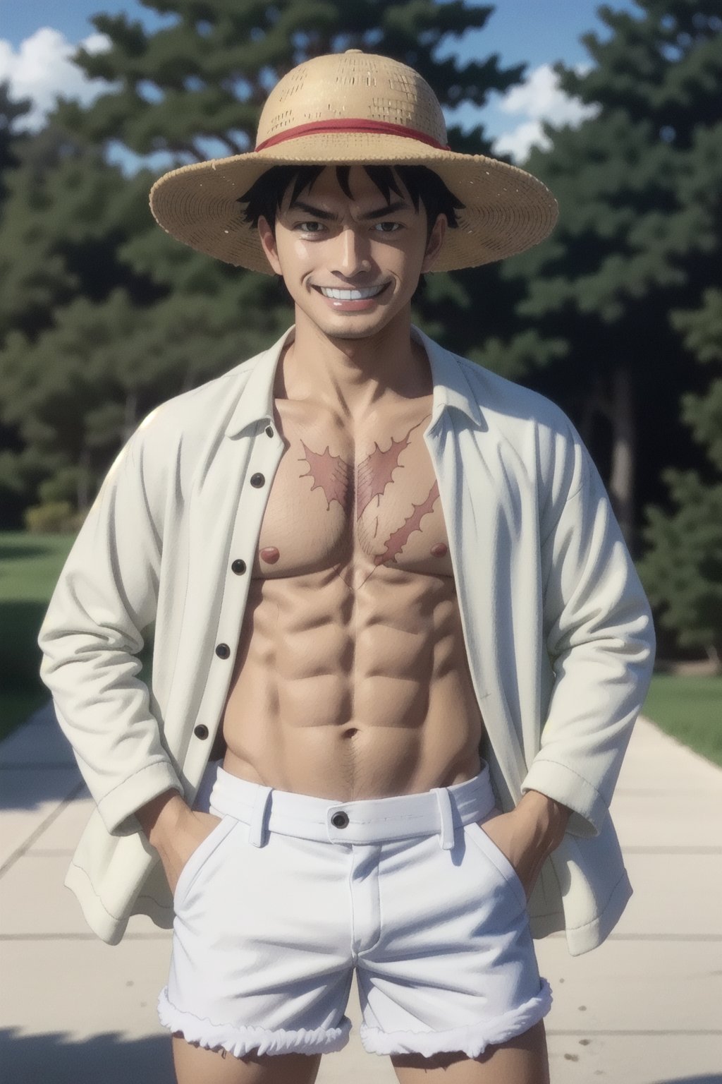 best quality, intricate details, masterpiece, 1boy, man, masculine, gear fifth, monkey d. luffy, 1boy, curly eyebrows, gear fifth, grin, , hat, jacket, long sleeves, looking at viewer, male focus, open clothes, open jacket, red eyes, sanpaku, scar, scar on chest, short shorts, shorts, smile, solo, straw hat, white hair, white jacket, white shorts, thick eyebrows, white eyebrows,, Photorealistic, Hyperrealistic, Hyperdetailed, analog style, hip cocked, demure, low cut, black lace, detailed skin, matte skin, soft lighting, subsurface scattering, realistic, heavy shadow, masterpiece, best quality, ultra realistic, 8k, golden ratio, Intricate, High Detail, film photography, soft focus