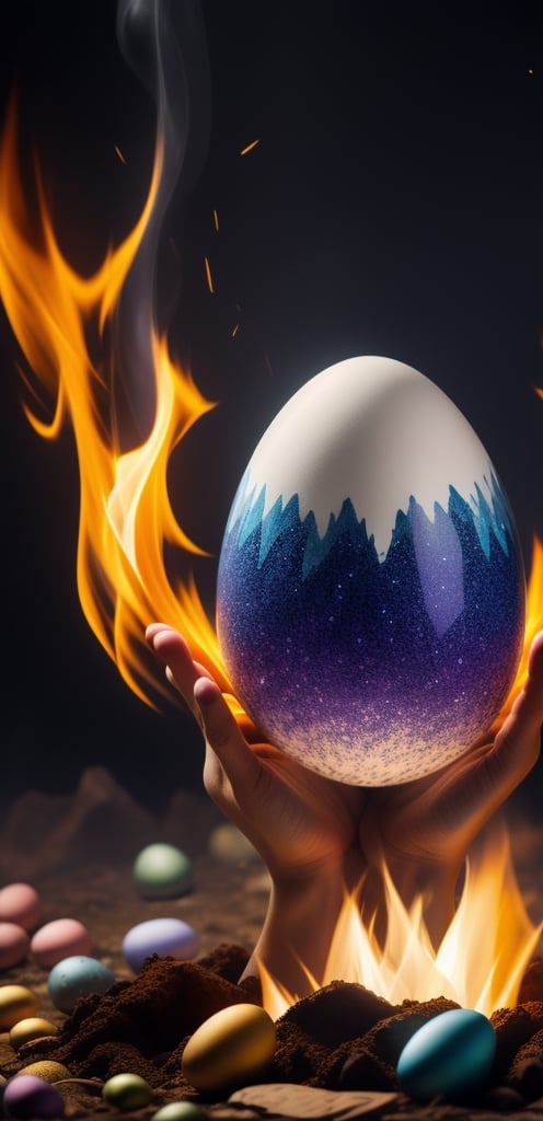 One japanese beautiful lady, half body, handling one big crystal easter egg, inside egg one fire phoenix , water, earth and air, high quality.,easter,
