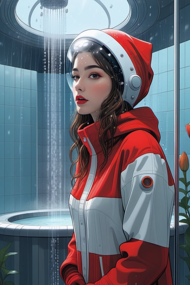 in a style of simon stalenhag, retro futuristic style, [buzimage] (masterpiece), (best quality), (ultra-detailed), (highly detailed CG illustration), ((an extremely delicate and beautiful)),(cute delicate face),cinematic light,(1girl), in red santa costume,  in a shower capsule, solo,full body,(in shower), ((standing)), shower head, water, expressionless, (lily plants entangling:1.35), coloring book page, ((black and white)), ((monochrome)),  ,aesthetic portrait,dashataran