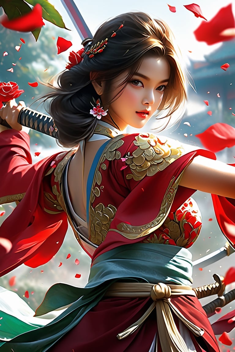 Realistic, (masterpiece), (Best Quality), Photorealism, Realistic, (1girl in), Solo,Thai、Traditional Thai costumes、Fight with the sword、red roses petals flutter in large quantities, ,weapon over shoulder