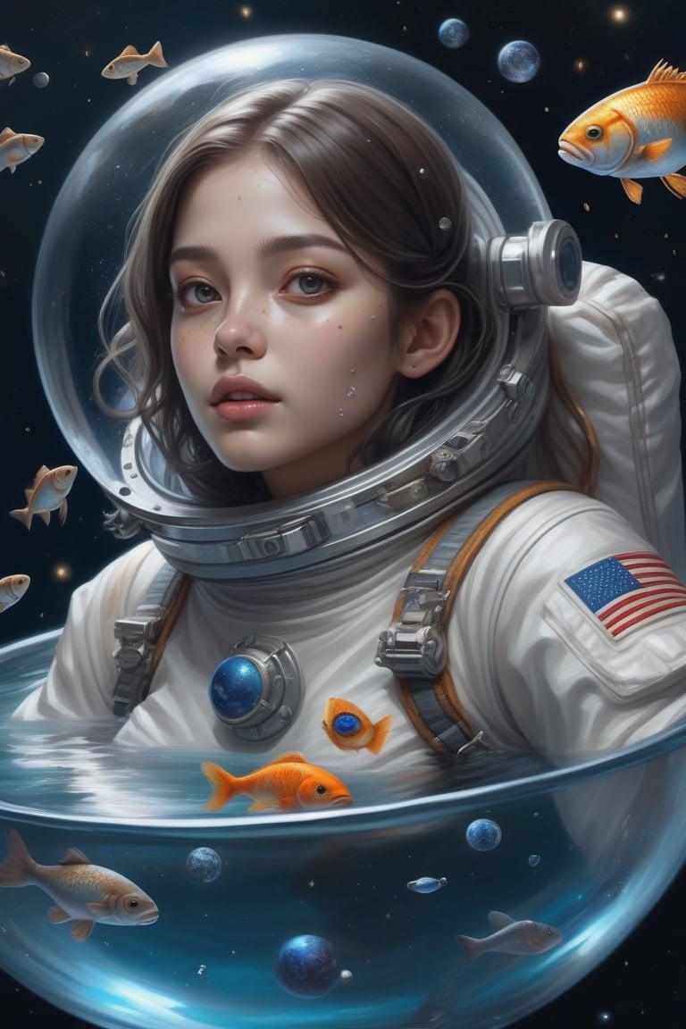 Masterpiece, realistic, one Astronaut girl in a big bowl full of water with fish swimming around, full body, floating through space, moons and stars and galaxies, realistic, detailed face, detailed eyes, sexy pose