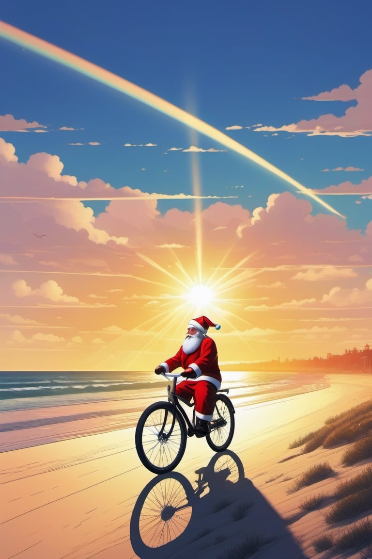 1 santa clause  riding bicycle,beach, sunrays, warm light, cinematic light, cinematic angle,aw0k straightstyle
