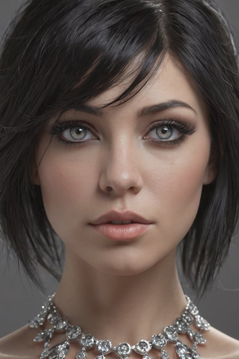 female made from the most beautiful women in the world, grey eyes, sexy raven black hair, super detail, super realistic, 4k, expert lighting, glamour shot, perfect symetry, jewelery