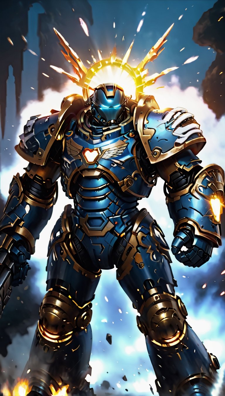 (8k uhd, masterpiece, best quality, high quality, absurdres, ultra-detailed, centralized, full-body_portrait))), (((ironman suit))), drawn  (in the style of warhammer 40K), (((1boy))), looking_at_viewer, (((glowing_eyes))) ,dynamic lighting,  complex_background, horrific scene, fire, blood, corpses, broken machine's parts.,scifi,Knight armor,DonMPl4sm4T3chXL 