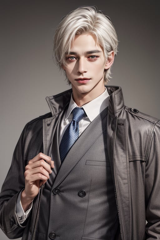 (absurdres, highres, ultra detailed), (1 male, solo, adult, mature, aged up, tall guy, average muscles, handsome), short white hair, amber eyes, (slim jaw, thick neck, thick eyebrows), BREAK, empire, fantasy, angelic face, angelic smile, elegant, coat, prince, extremely detailed face, upper body, 