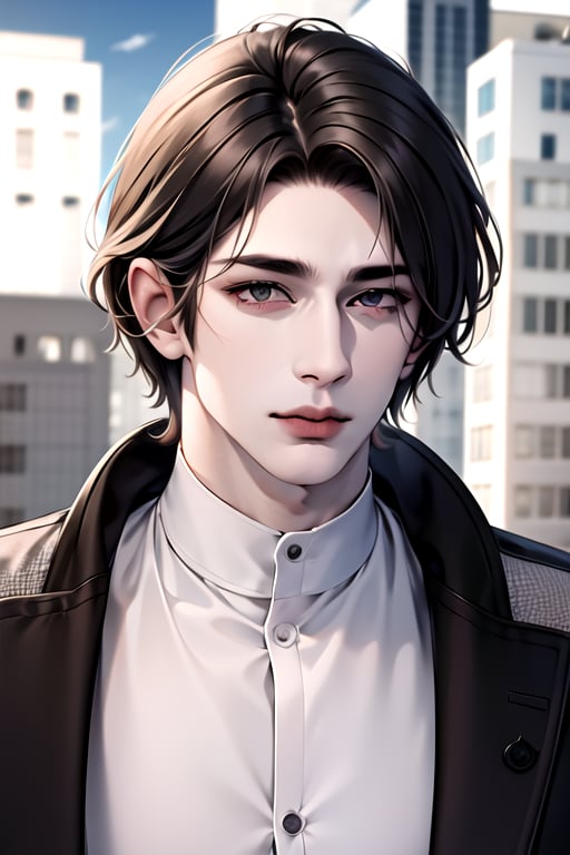 (absurdres, highres, ultra detailed), (1 male, solo, adult, mature, aged up, tall muscular guy, broad shoulders, handsome, face camera), short brown hair, hazel eyes, (angular jaw, thick neck, thick eyebrows), BREAK, city, fantasy, cloak, majestic, prince, extremely detailed face, upper body,weibozh